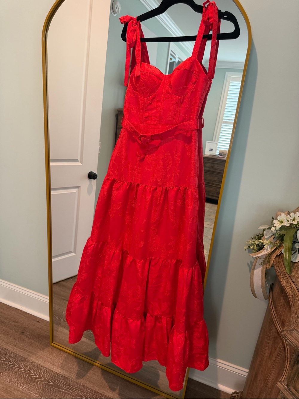 Hello Molly Crimson Tie-Shoulder Tiered Maxi Dress